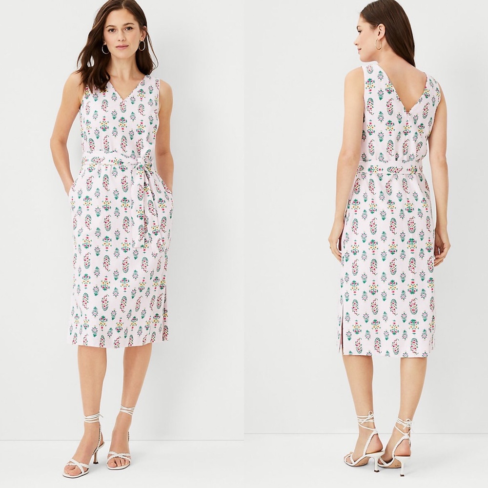 Ann Taylor 4 Floral Linen Blend Tie Waist Sheath Dress Pink 0892